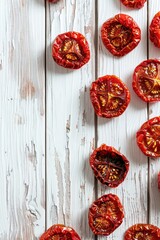 Wall Mural - Fresh tomatoes arranged on a wooden table, perfect for still life photography or marketing materials