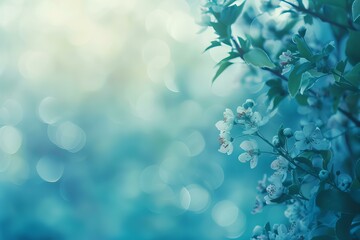 Wall Mural - Blooming apple tree branch on turquoise background with bokeh effect