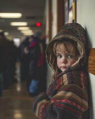 Poster - A young girl wearing a hooded jacket stands in a hallway. AI.