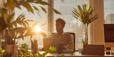 Canvas Print - Man working on laptop in home office. AI.