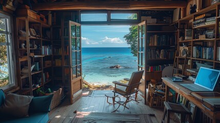 Wall Mural - Seaside Serenity Tranquil Coastal Cabin with Ocean Views Laptop on Desk Books on Shelves Canon EOS R5 Style