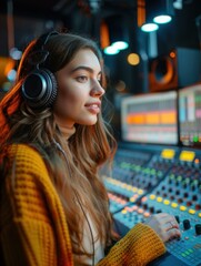 Wall Mural - A young woman wearing headphones works at a sound mixing console in a recording studio. AI.