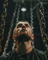 Poster - A man with a beard and scars on his face looks up at the light. AI.