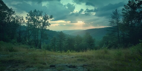 Poster - A beautiful landscape image of a forest with a mountain in the distance. AI.