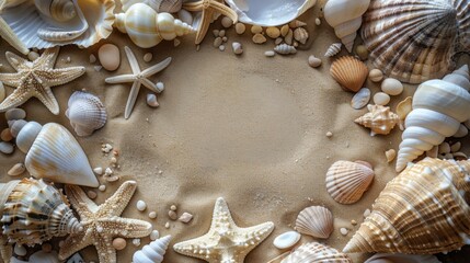 Canvas Print - A variety of seashells and starfish on a sandy beach. AI.