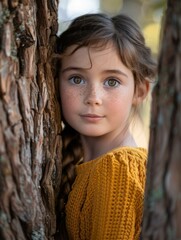 Poster - A young girl with freckles and green eyes wearing a yellow sweater poses between two trees. AI.