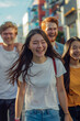 © GraysonStock - A group of happy students going to class on a college campus, group of asian students, latinos, multi-ethnic group, multiethnic group, etc.