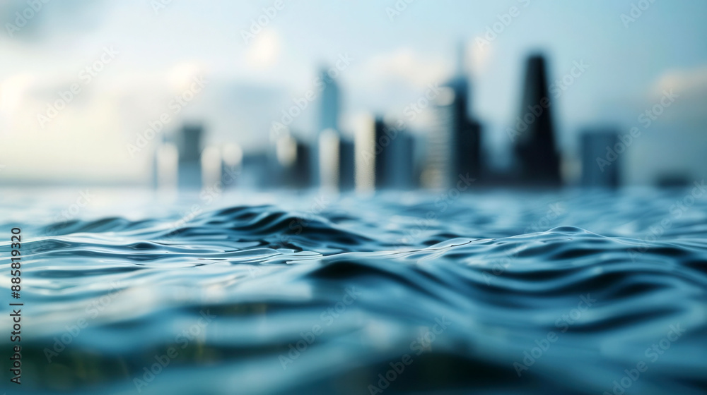 Cityscape submerged under rising sea levels with heatwaves distorting ...
