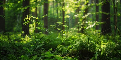 Wall Mural - Natural dorest of woods with sunbeams through fog and leaves branch create mystic atmosphere. natural green beech forest in the morning light. busy forest with wood tree