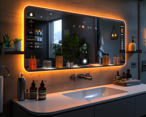 Futuristic Smart Mirror Concept with Touchscreen Display and Smart Home Integration