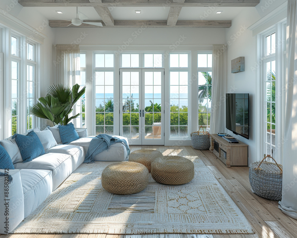 Modern Coastal Living Room with Light Blue Furniture and Sea View | 3D ...