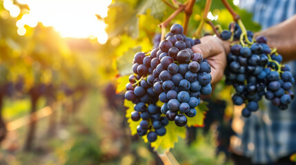 Ripe red and purple grape clusters hang heavy on vines in a sunny vineyard during autumn harvest