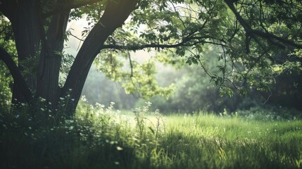 Wall Mural - Natural dorest of woods with sunbeams through fog and leaves branch create mystic atmosphere. natural green beech forest in the morning light. busy forest with wood tree