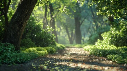 Wall Mural - Natural dorest of woods with sunbeams through fog and leaves branch create mystic atmosphere. natural green beech forest in the morning light. busy forest with wood tree