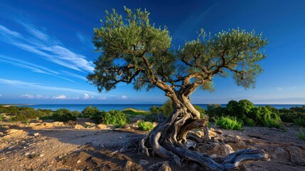 Ancient Olive Tree, Gnarled olive tree against a blue sky, Mediterranean Landscape.