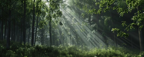 Wall Mural - Natural dorest of woods with sunbeams through fog and leaves branch create mystic atmosphere. natural green beech forest in the morning light. busy forest with wood tree