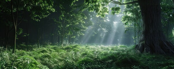 Wall Mural - Natural dorest of woods with sunbeams through fog and leaves branch create mystic atmosphere. natural green beech forest in the morning light. busy forest with wood tree