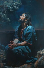 Wall Mural - Divine communion: Jesus Christ prays to god the father, illustrating sacred connection between son and e father, embodying humility, devotion, eternal bond of divine love