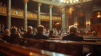 Wall Mural - A heated political debate in a legislative assembly, with lawmakers engaged in discussion