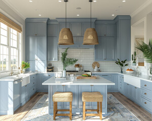 Modern Coastal Kitchen Interior with Light Blue Cabinets and Nautical Decor 3D Render