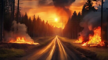 Wall Mural - Country road in the forest during a fire at sunset. Concept of natural disaster