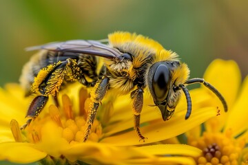 Wall Mural - Bee covered in pollen is pollinating a yellow flower in a macro photography shot