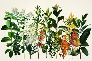 Wall Mural - Group of diverse plants arranged on a clean white surface, suitable for use in still life photography or as a background for product images