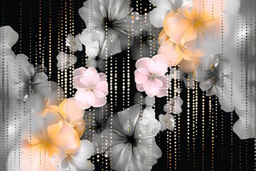 Wall Mural - Abstract illustration of a spray of flowers in peach, pink and white, on a black background with with vertical lines of dots