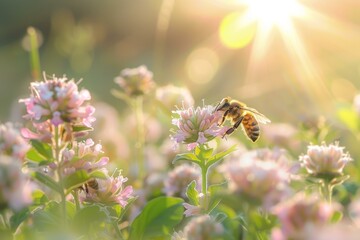 Wall Mural - Honey bee is gathering pollen from a pink clover flower in a field of wildflowers