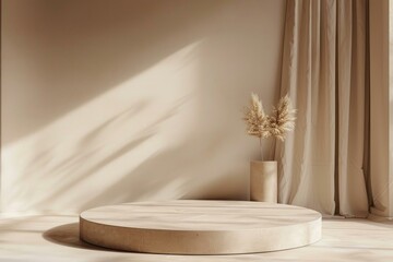 Poster - Minimalistic background for branding and product presentation with round beige podium and pampas grass in sunlight