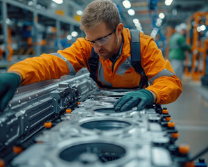 Technitian Inspecting Electric Vehicle (EV) Battery Module in Modern Factory Setting