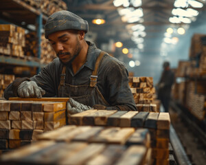 Crafting Quality: Furniture Manufacturing Plant Workers Assembling Wooden Pieces with Carpentry Tools, Production Process View from Side