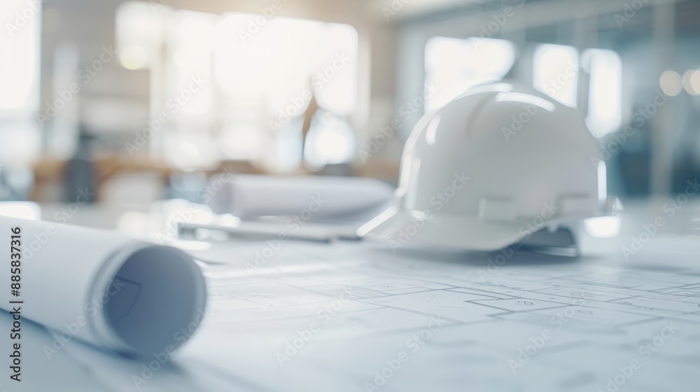 Architectural blueprints and white safety helmet on a construction site ...