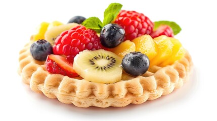 A delicious breakfast waffle topped with fresh fruit