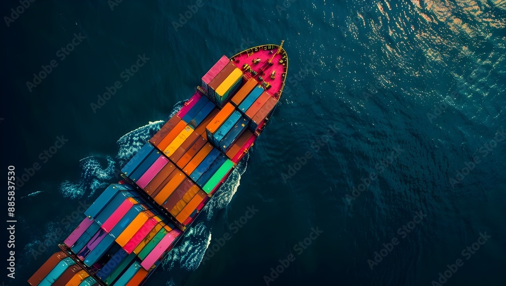 Aerial view of a cargo ship with colorful containers sailing in the ...