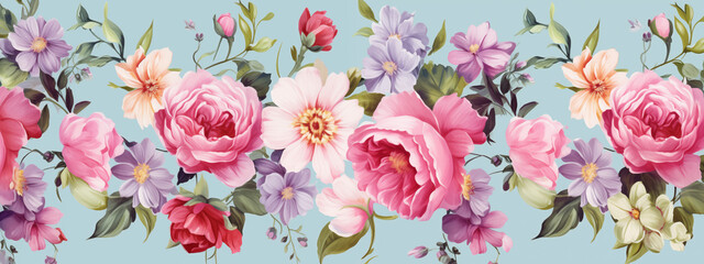 Wall Mural - Pastel Floral Pattern with Pink and Purple Flowers on Light Blue Background