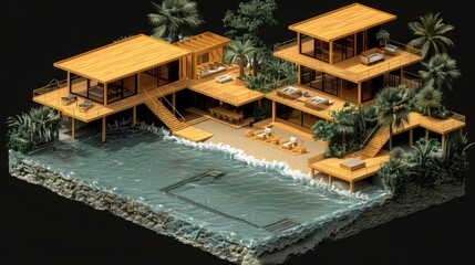  Isometric floor plan of a stylish surf shack, black background, ocean blue line, chill areas, trendy