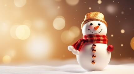 Wall Mural - Cute toy snowman on the background with Christmas lights bokeh on background