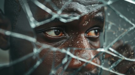 Wall Mural - A man looks through a broken glass window with a concerned expression