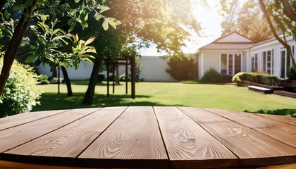 Wall Mural - empty wooden table in summer backyard