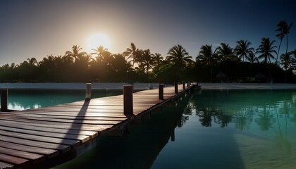 Wall Mural - wooden dock and shore at sunrise at bayahibe beach dominican republic