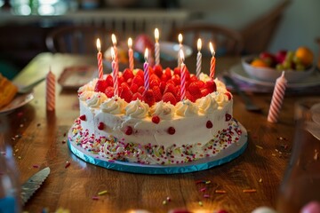 Wall Mural - Delicious birthday cake with lighted candles and strawberries is waiting on a table for party guests to arrive