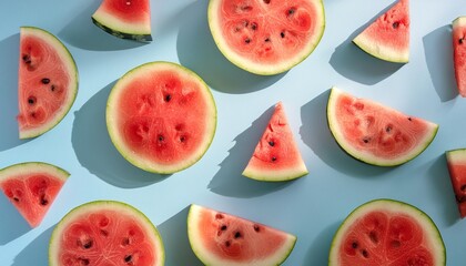 Wall Mural - trendy sunlight summer pattern made with watermelon fruit on bright light blue background minimal summer concept