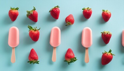 Wall Mural - pink strawberry ice cream pattern on pastel blue background summer minimalism isometric flat lay