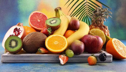 Wall Mural - fresh fruit on a colorful background a natural and healthy food mix