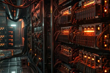 Poster - Network server room with computers and cables showing concept of big data, cloud computing, artificial intelligence and cyber security