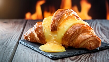 Wall Mural - golden brown croissant with melted cheese a savory delight