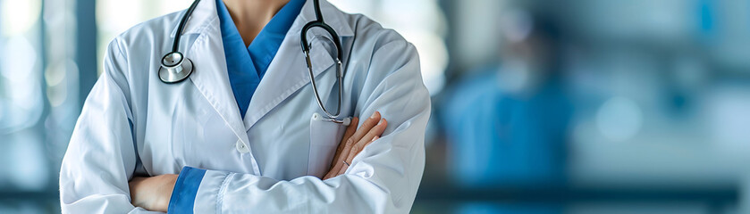 Healthcare professional in a white coat with arms crossed and stethoscope in a medical setting, representing trust and expertise.