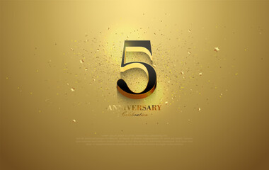 Wall Mural - 5th anniversary vector design. With black numbers and a shiny gold background. Decorated with charming glitter sprinkles.