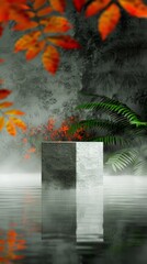 reflective podium decorated with foliage in minimalistic design stone podium the picture was taken through the water surface misty mystical colors juggle with huge tropical flowers and ferns on backgr